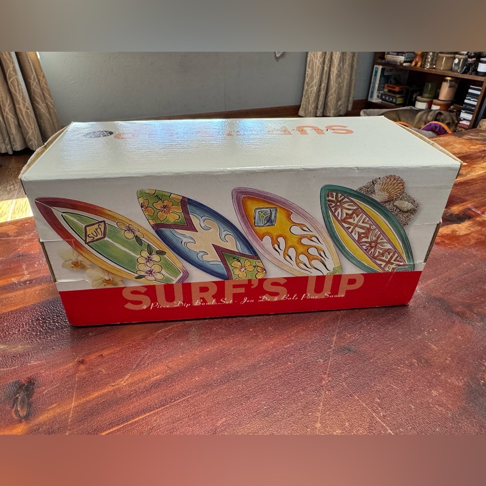 NIB Clay Art Surf's Up set of 4 different surfboard bowls each hand painted